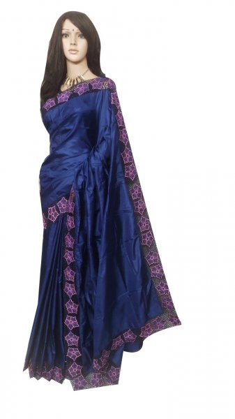 Deep blue pure silk cut work saree with blouse piece